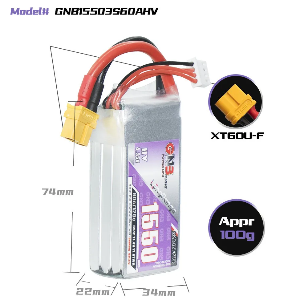 GNB-batería Lipo 3S HV 11,4 V 1550mAh 60C/120C con enchufe XT60 para coche RC, camión, Buggy, avión, FPV, Drones, piezas de batería 3S - imagen 3