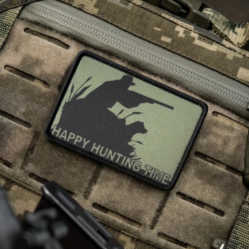 Parche táctico de moral del tiempo de caza, brazalete del ejército militar, parches de gancho y bucle impresos para ropa, pegatina para mochila