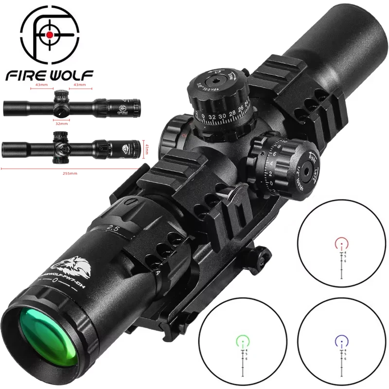 FIRE WOLF-Rifle óptico táctico de caza, alcance de 1,5-4X30 con torreta cruzada iluminada en rojo y verde, alcance de bloqueo, espejo Airsoft