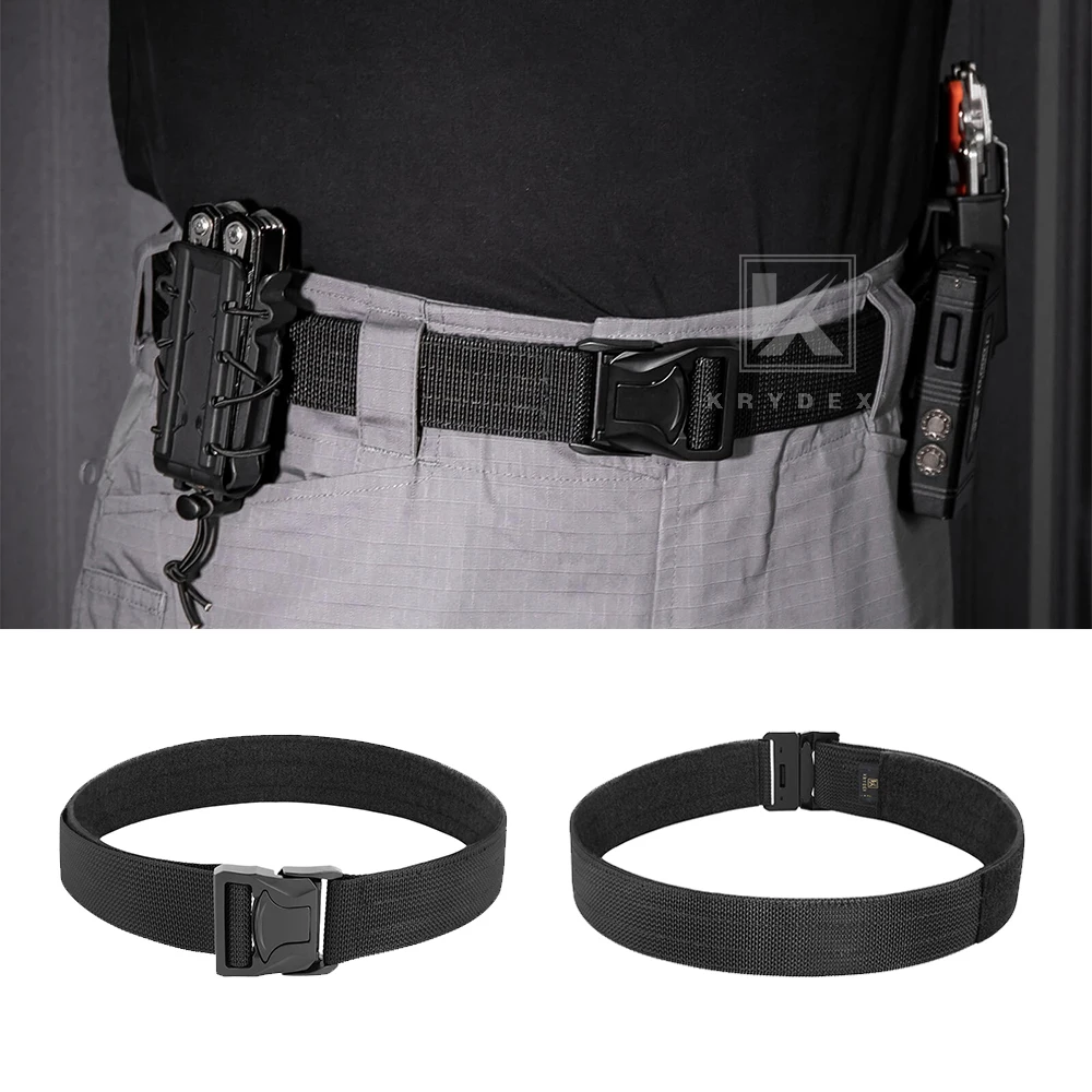 KRYDEX-Cinturón táctico de nailon de 2 capas para hombre, cinturón de tiro con hebilla en T de 1,5 pulgadas, equipo de caza Airsoft, cinturón negro