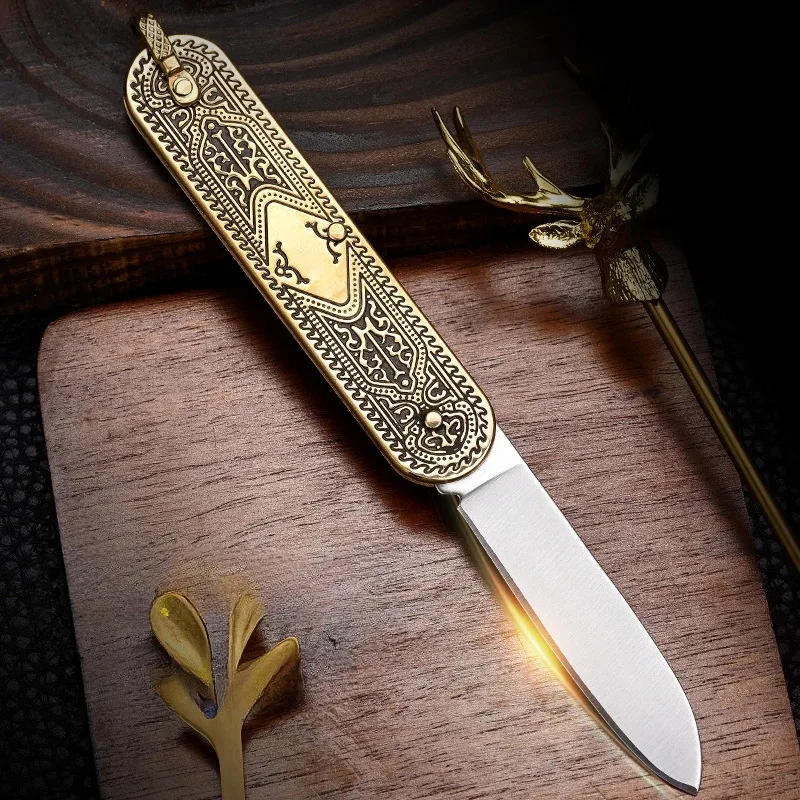 Mini cuchillo plegable retro con mango de latón, cuchillo llavero, cuchillo de fruta multifuncional para transporte al aire libre y diario. - imagen 3