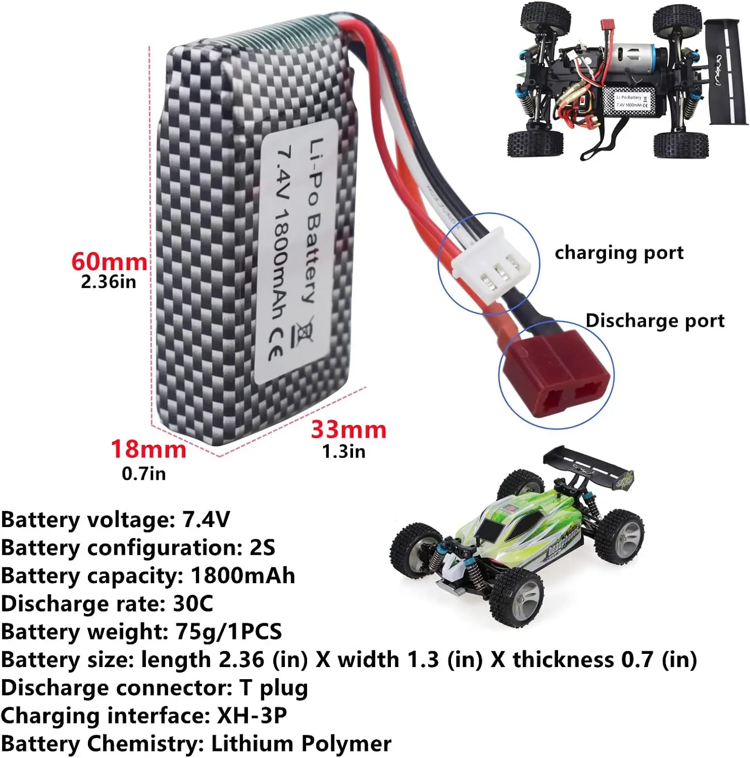 Batería Lipo con enchufe T de 7,4 V y 1800mah, cargador 2 en 1 para WLTOYS, A959-B, A969-B, A979-B, 144001 RC, vehículo todoterreno de alta velocidad - imagen 2