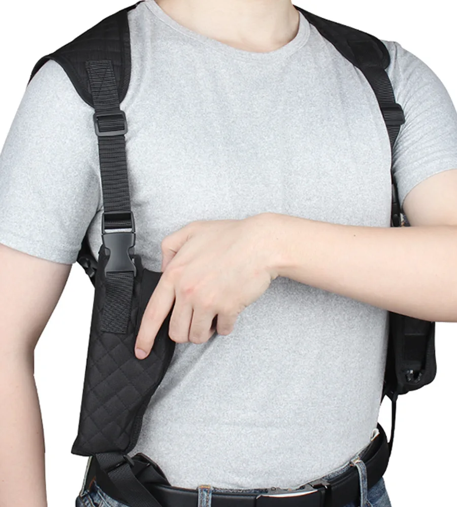 Funda de pistola oculta en posición de hombro, vista frontal