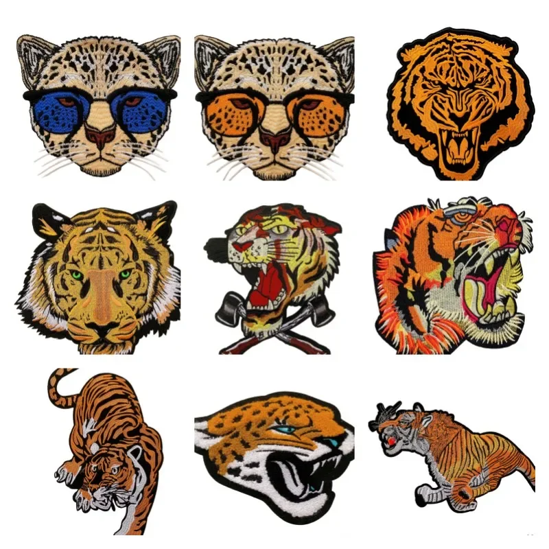 Parche de Animal con cabeza de guepardo y Tigre, bordado de tela dorada, pegatinas para abrigos, reparación de agujeros dañados, accesorios de ropa, decoración