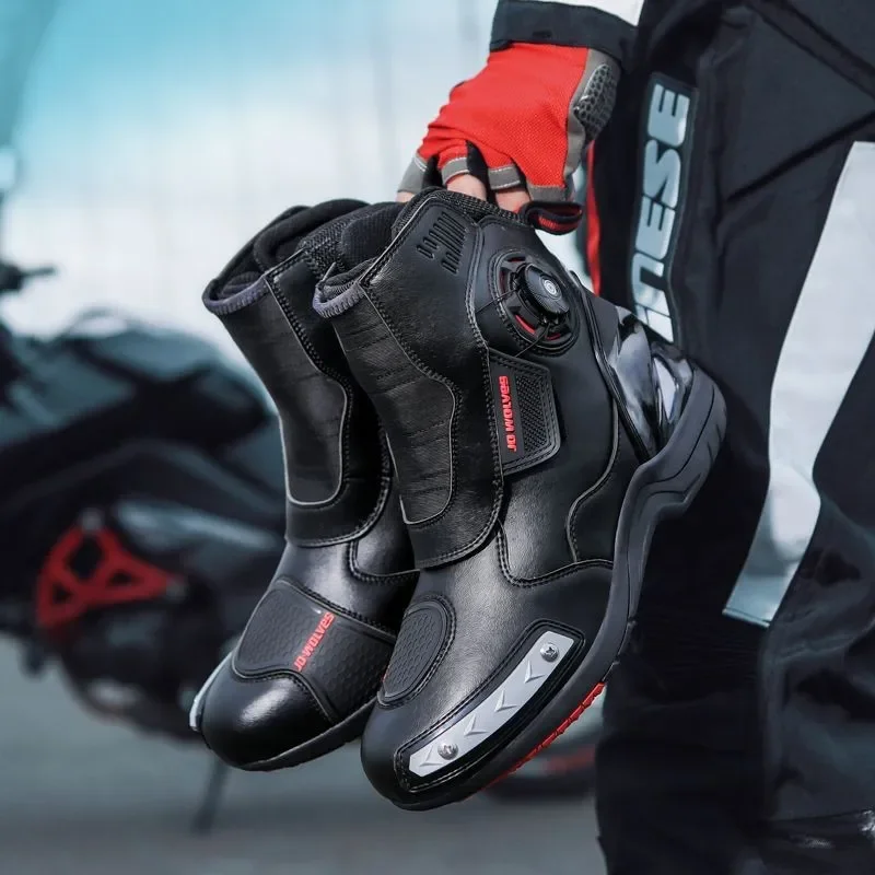 Botas de Moto para Hombre, zapatos de cuero de microfibra, impermeables, con cordones rápidos, Botas profesionales para Moto, Bota para Motociclista - imagen 4