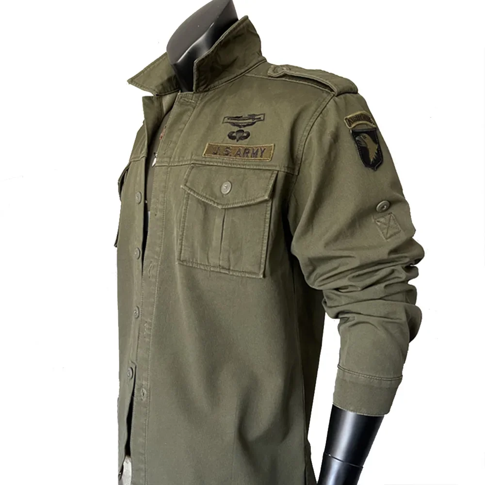 Camisa de herramientas de división aerotransportada de la Segunda Guerra Mundial, camisa verde de manga larga, chaqueta de entrenamiento informal, camisa Vintage para hombre - imagen 2