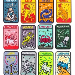 Parche bordado de doce signos del zodiaco para ropa, parches de dibujos animados para ropa, insignia adhesiva para coser a rayas