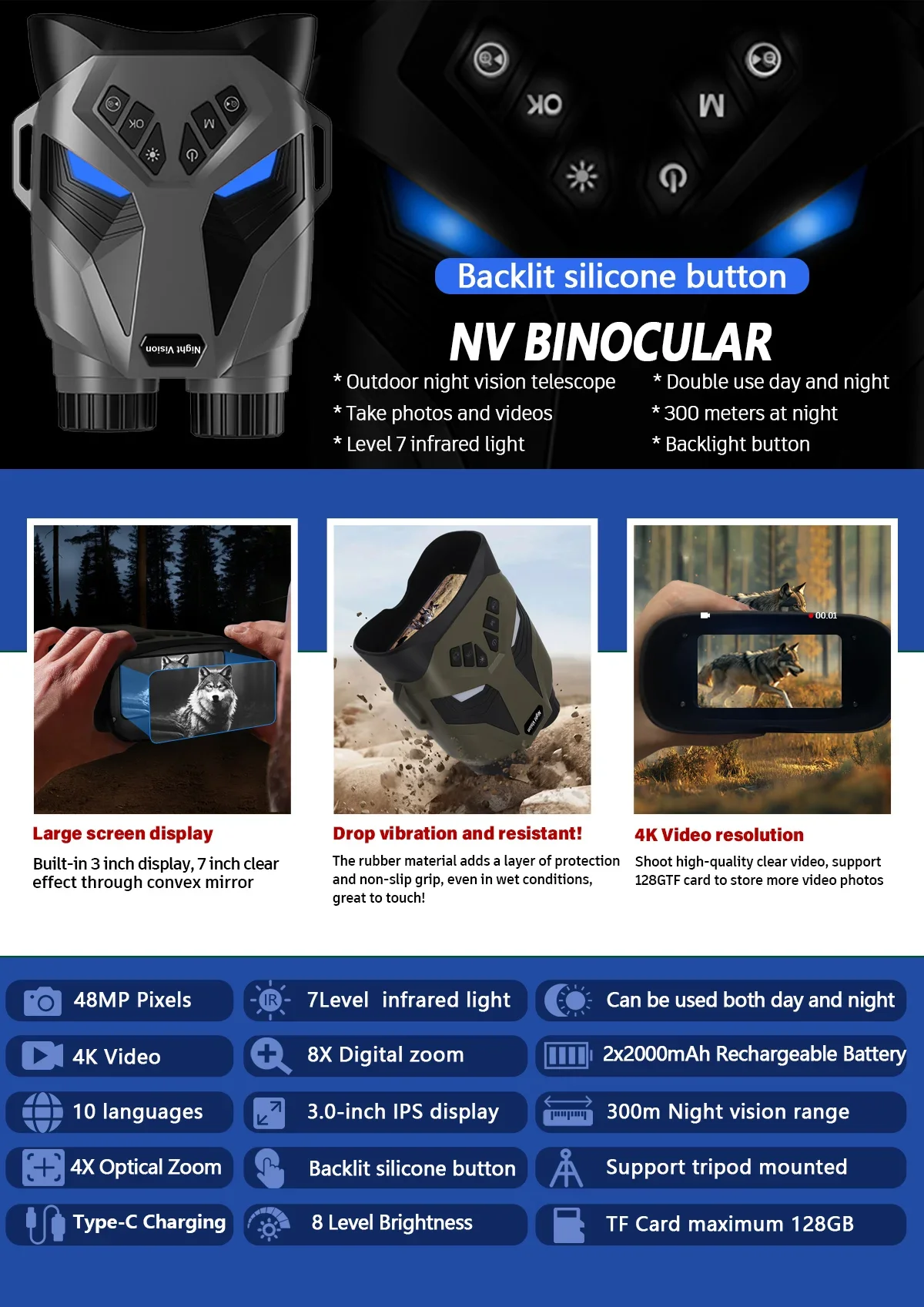 Binoculares de visión nocturna portátiles DT79, vídeo 4K QHD, pantalla de 3 pulgadas, 7 niveles, LED IR de 3W/850nm, Zoom Digital 8x para caza y Camping - imagen 5