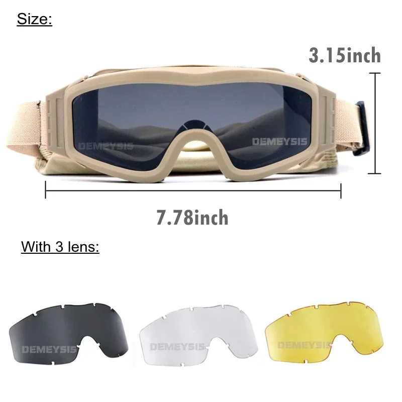 Gafas tácticas Airsoft, 3 lentes intercambiables, a prueba de viento, a prueba de polvo, para disparar, Motocross CS, gafas protectoras militares para deportes - imagen 2