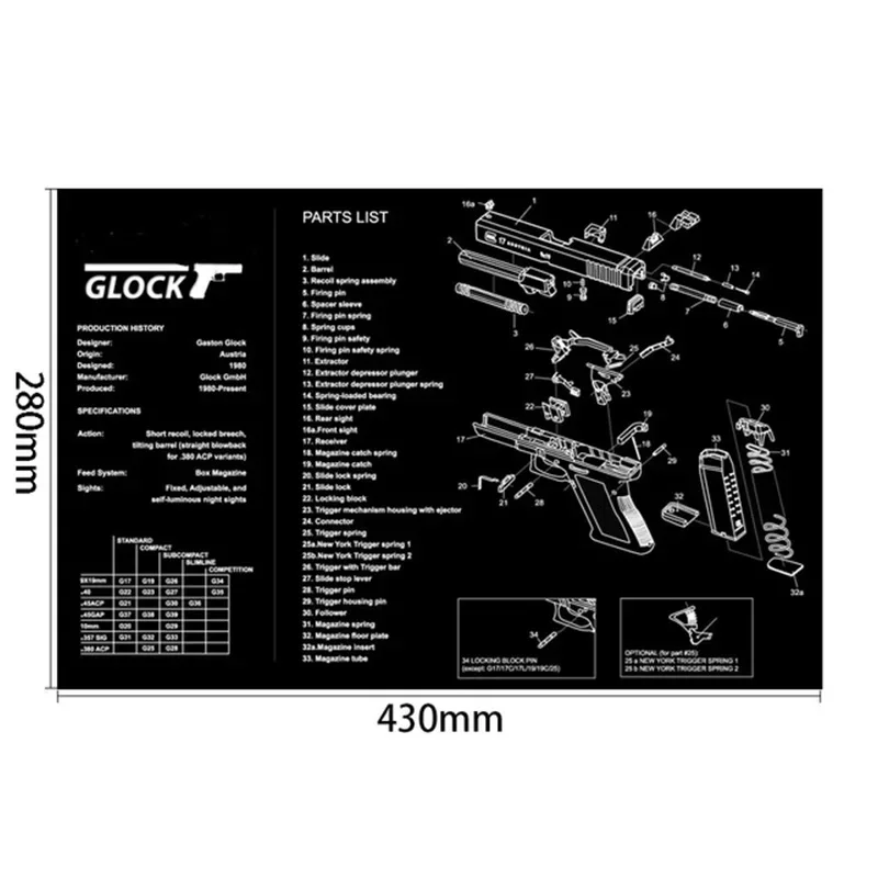 Alfombrilla de goma para limpieza de armas, 280x430mm, con piezas, instrucciones de diagrama, alfombrilla de ratón para 1911 Glock HK USP M92 P220 226 - imagen 2