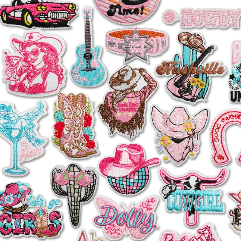 Parche bordado de vaquera occidental de la serie rosa, insignias bordadas para sombreros, parches para planchar DIY para ropa, pegatinas para coser con parches de dibujos animados