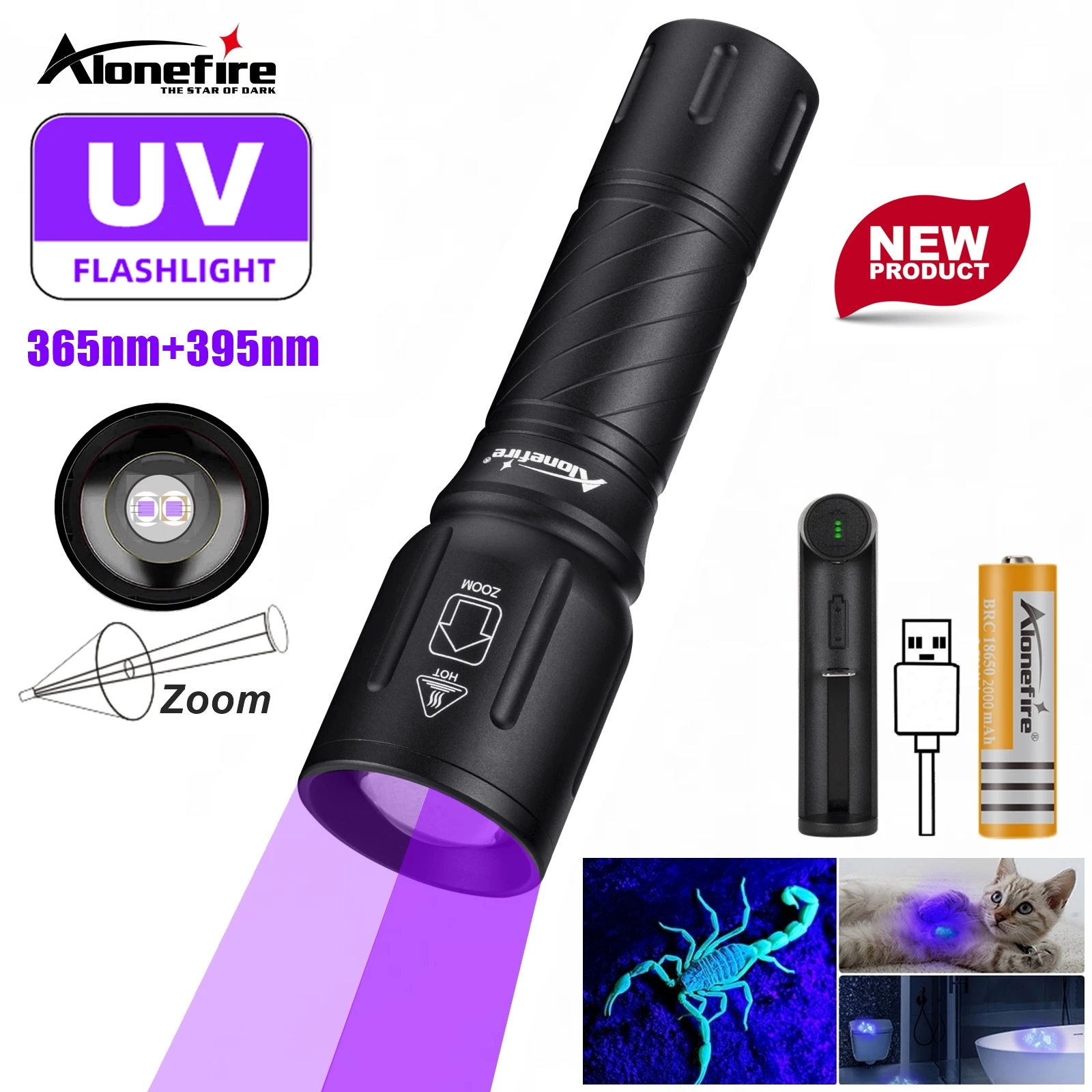 Linterna UV LED 365nm y 395nm con Zoom para curado y mineral