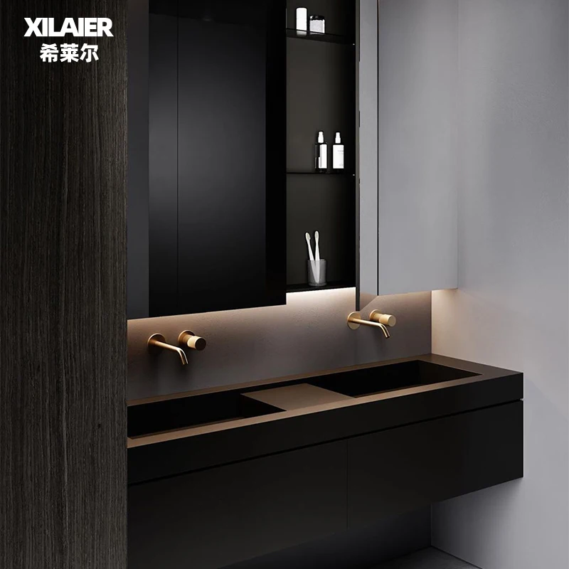Mueble de baño con lavabo integrado con placa de roca de diseñador, combinación personalizada de lavabo para lavarse las manos y cara, luz moderna de lujo - imagen 2