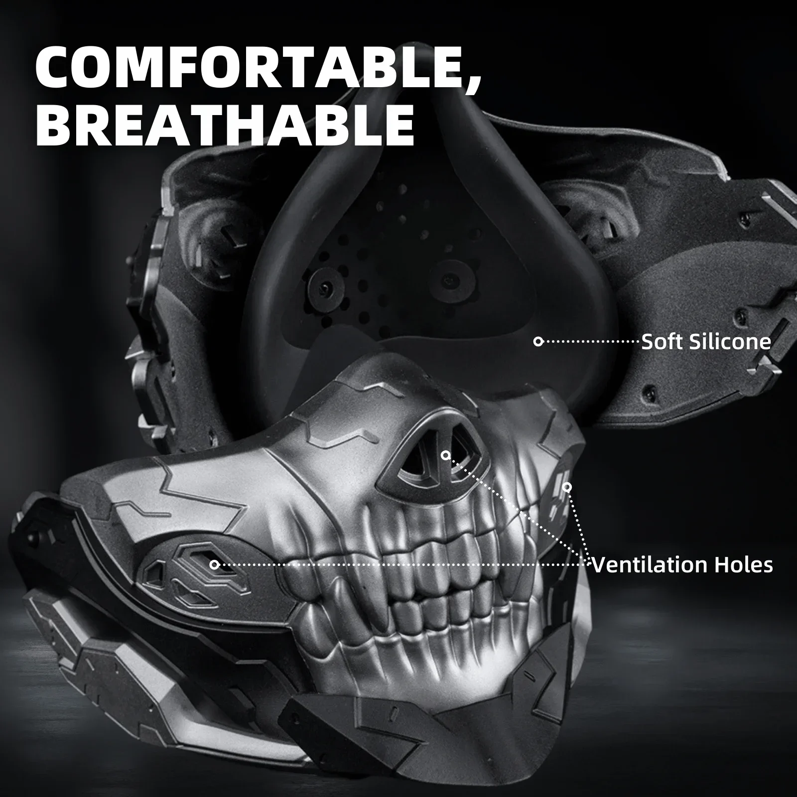 Máscara de calavera Airsoft, protección facial de media cara para tiro de caza Airsoft CS, máscara de samurái Skull Fang Oni para Cosplay de Halloween - imagen 3