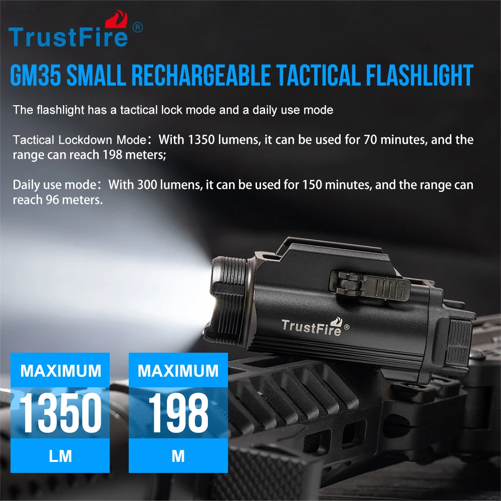 Trustfire GM35 linternas LED tácticas Mini luces de pistola 1350 lúmenes USB recargable pistola de liberación rápida 1913/GL Rail - imagen 3
