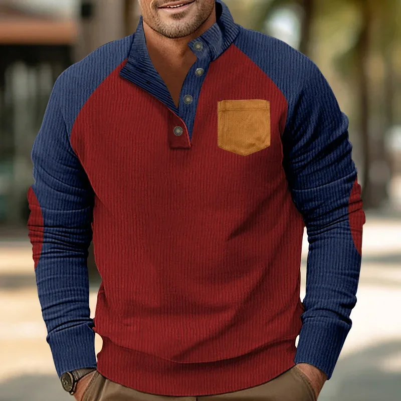 Sudadera Retro para hombre, Color pana, cuello levantado, camisa informal holgada de gran tamaño, Sudadera con capucha a juego, sudadera de retazos para hombre - imagen 4