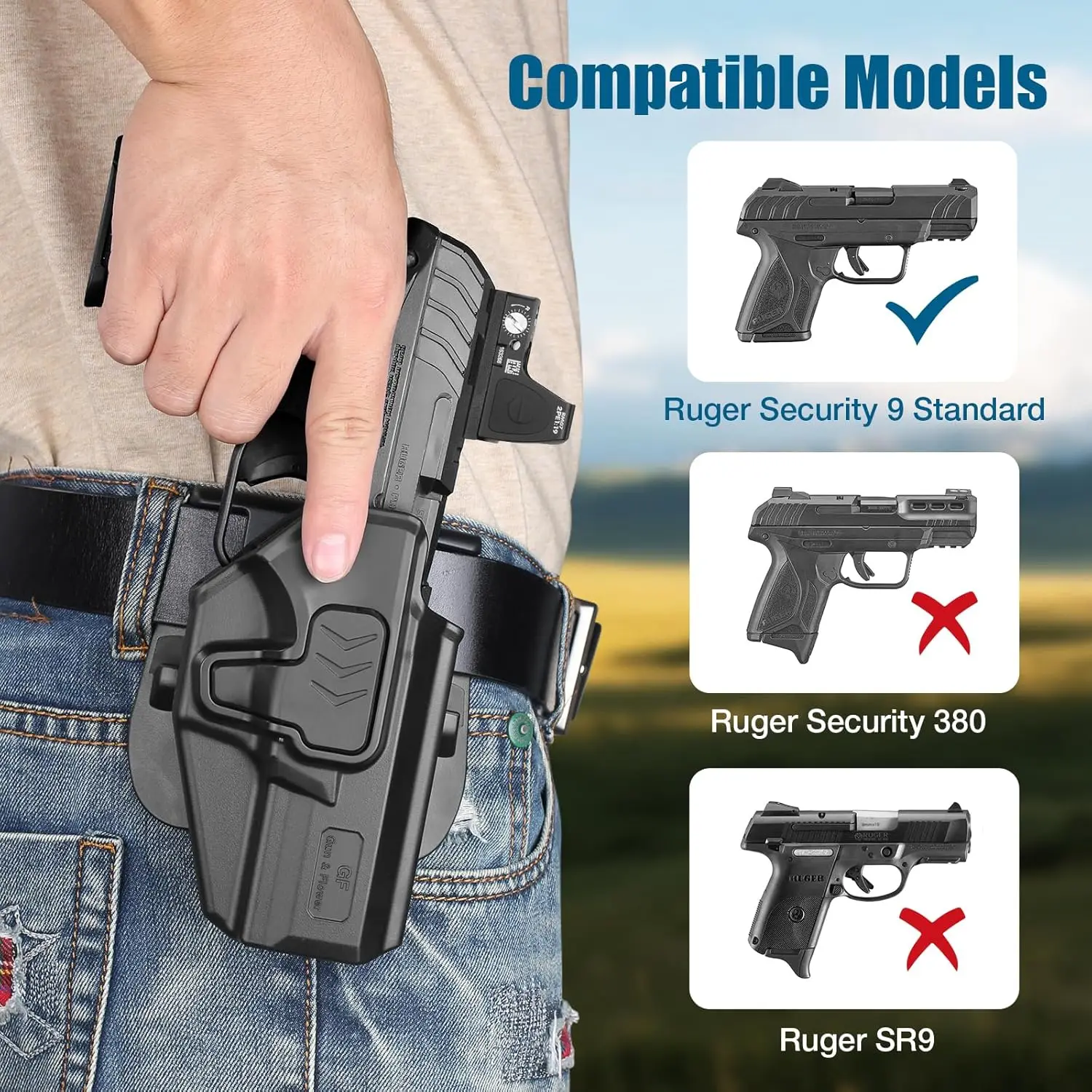 Para Ruger Security 9 Standard, funda OB, punto rojo/óptico, funda de liberación de dedo índice de nivel II, transporte de cintura exterior, mano derecha - imagen 2