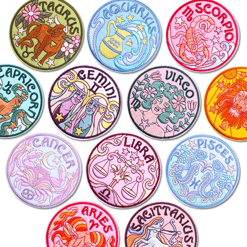 Parche de forma redonda, parche de doce signos del zodiaco, parches para planchar para ropa, parches termoadhesivos para ropa, insignias para coser de dibujos animados - imagen 2