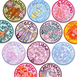 Parche de forma redonda, parche de doce signos del zodiaco, parches para planchar para ropa, parches termoadhesivos para ropa, insignias para coser de dibujos animados