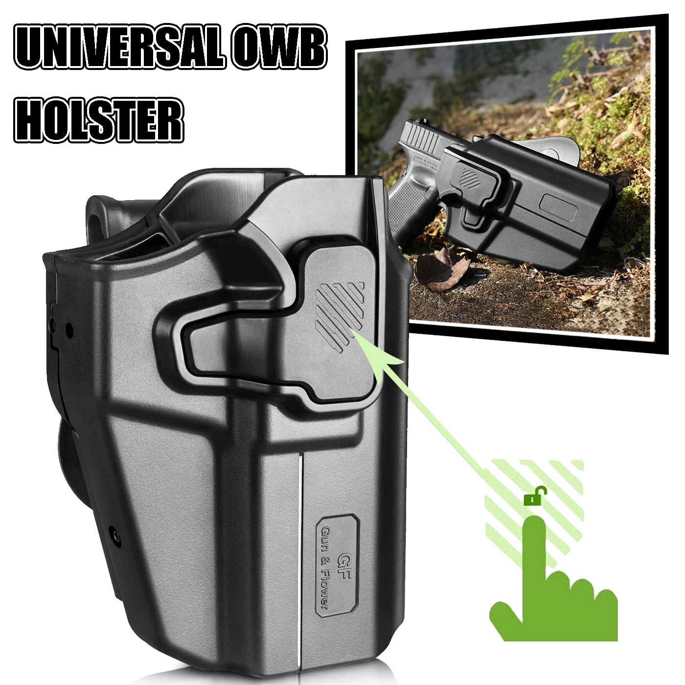 Sistema de liberación de dedo índice Universal OWB, retención Adj, se adapta a más de 100 pistolas para pistolas de tamaño completo y compacto