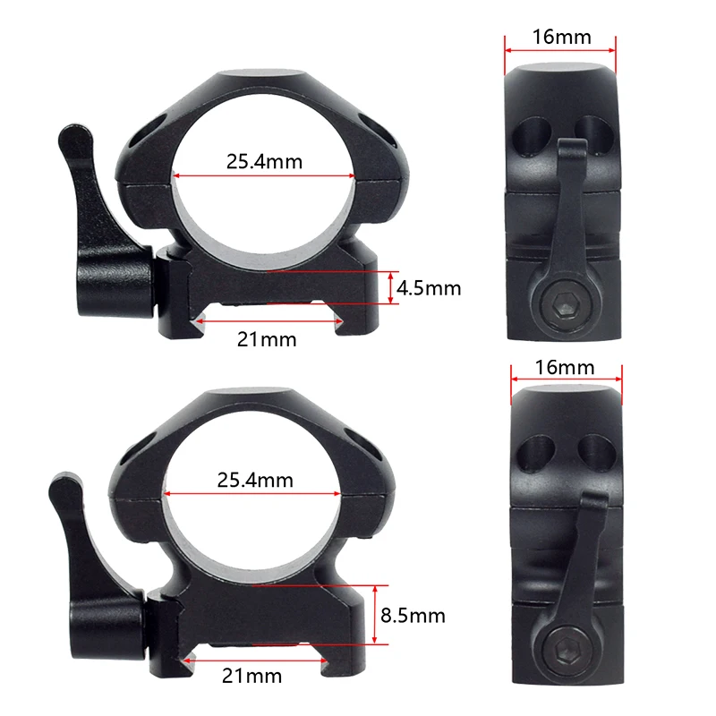 Mira táctica de acero de 2 uds., anillos de 25,4/30mm de diámetro bajo/medio/alto, perfil de liberación rápida, riel de 20mm, soporte de anillo para escopios de caza - imagen 3