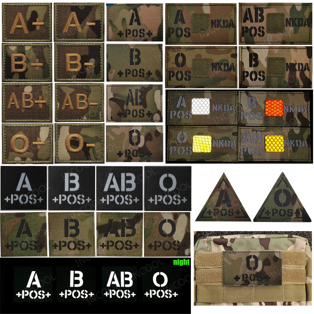 Sangre reflectante tipo A B AB O POS positivo NEG parche bordado negativo insignias decorativas tácticas que brillan en la oscuridad para ropa