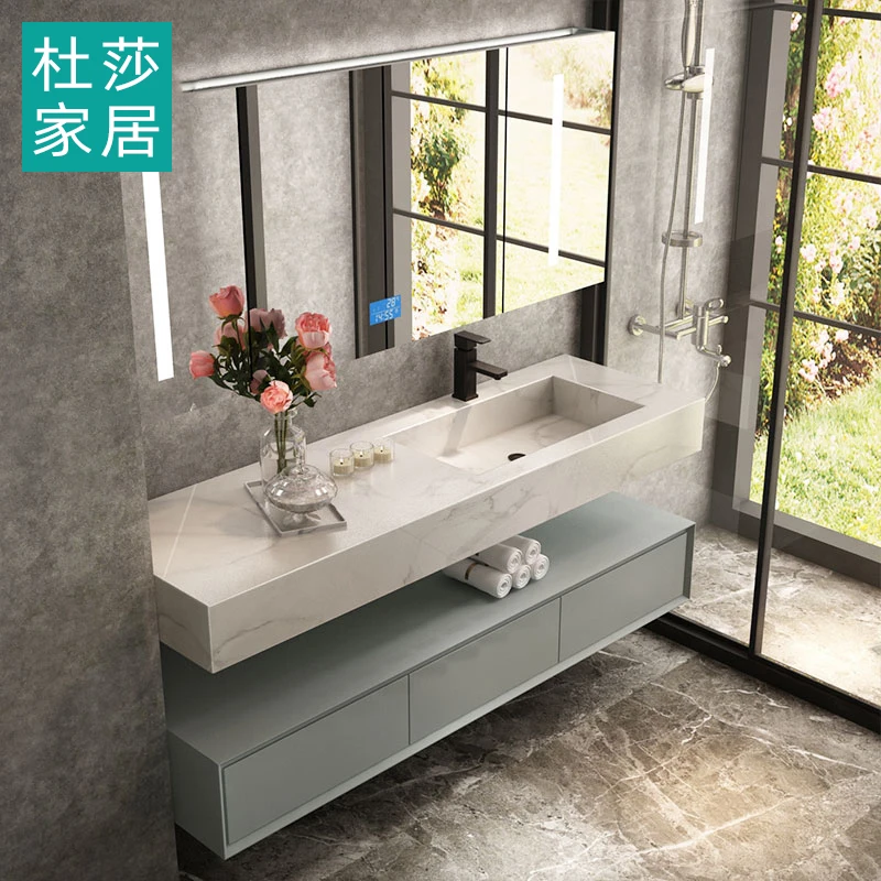 Mueble de baño moderno de lujo, combinación de placa de roca, lavabo para lavarse la cara, mueble de lavabo integrado, baño inteligente - imagen 4