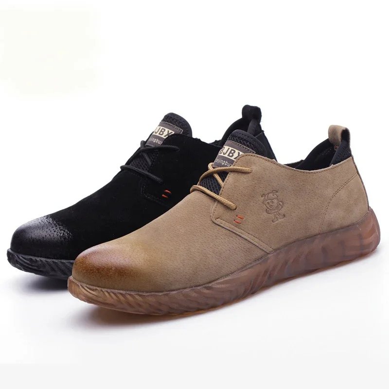 Zapatos de seguridad con punta de acero para hombre, botas de trabajo de cuero vacuno transpirables, zapatos de seguridad antideslizantes a prueba de perforaciones - imagen 4