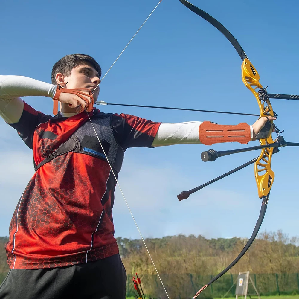 Toparchery tiro con arco 2 correas protector de brazo y 3 guantes protectores de dedos para arco largo compuesto recurvo tiro de caza marrón - imagen 5