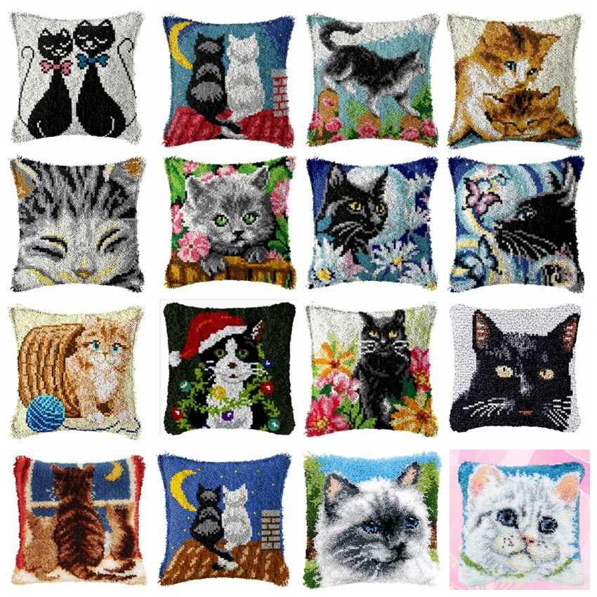 Kits de hilo de ganchillo de animales DIY, Kit de gancho de pestillo de costura, gatos lindos, alfombra de ganchillo sin terminar, cojín de hilo, juego de alfombra bordada