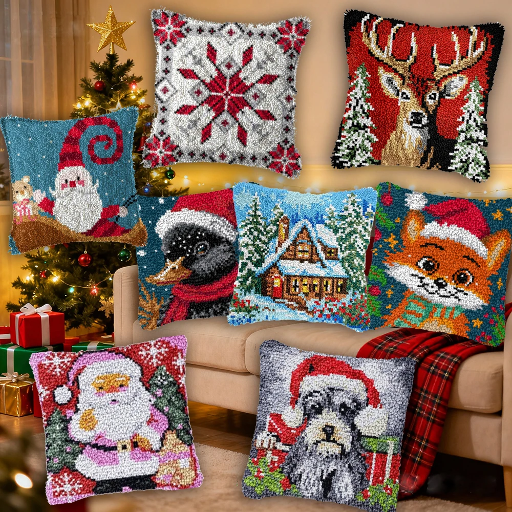 Kits de ganchos de pestillo navideños, alfombras, funda de almohada Smyrna, paquete de almohada con nudo, juego de ganchos de pestillo de animales para costura, cojín bordado - imagen 2