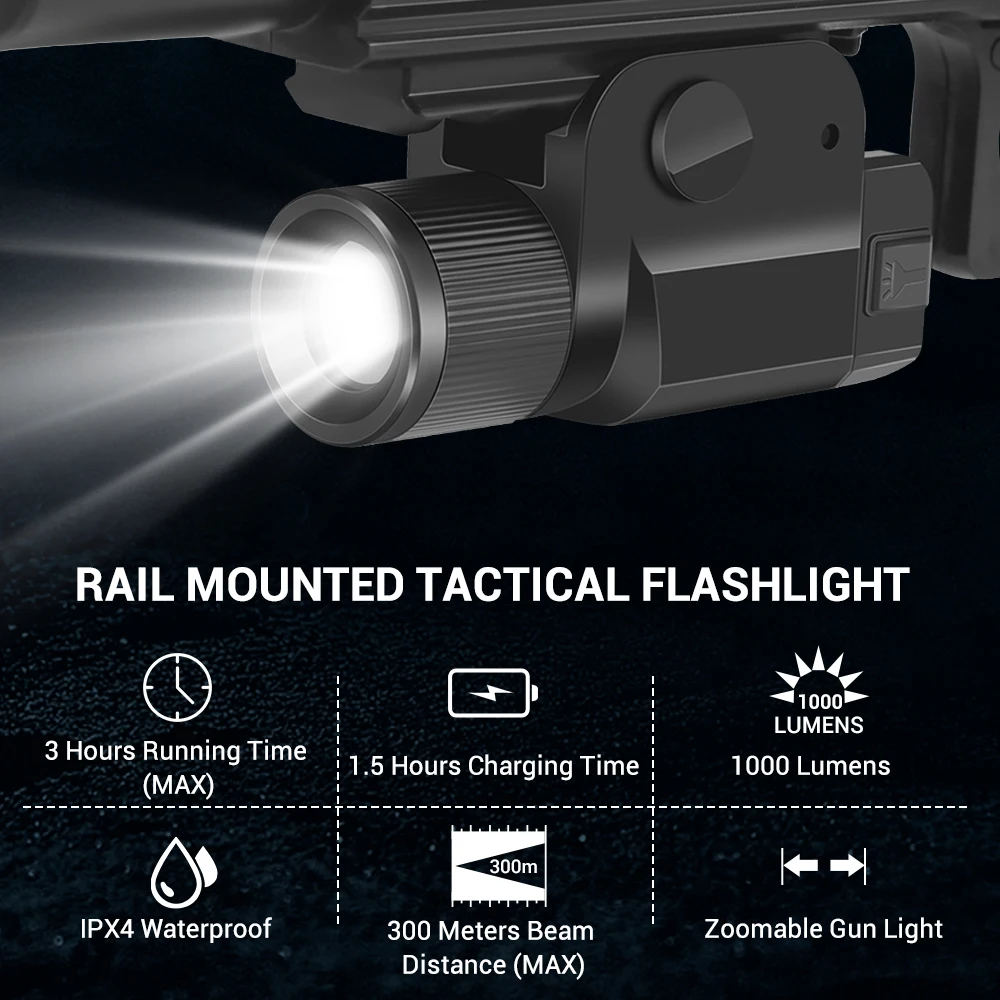 Luz de pistola táctica de 1000 lúmenes, luz LED con zoom para pistola, Airsoft, liberación rápida, recargable, linterna para pistola - imagen 3