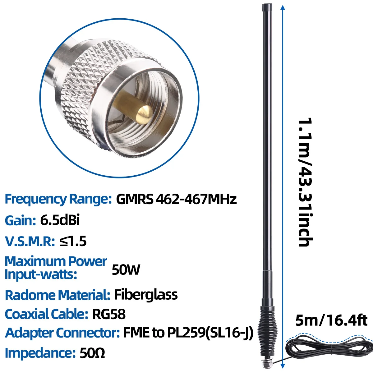 Antena móvil GMRS de fibra de vidrio de 462-467MHz con soporte de montaje de Base de resorte resistente Cable Coaxial RG58 para Radio de vehículo - imagen 2