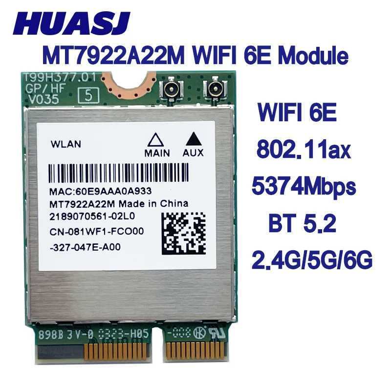 WiFi 6E MT7922 M.2 tarjeta inalámbrica 5374Mbps Bluetooth 5,2 adaptador de red 802.11ax 2,4G/5G/6GHz MediaTek MT7922 MU-MIMO Win 10 11