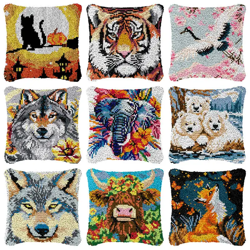 Gancho de pestillo de tigre/león/lobo, bordado de almohada de animales, Kit de bordado de puntadas anudadas, ganchos de mano, Kits de gancho de pestillo para alfombra de punto