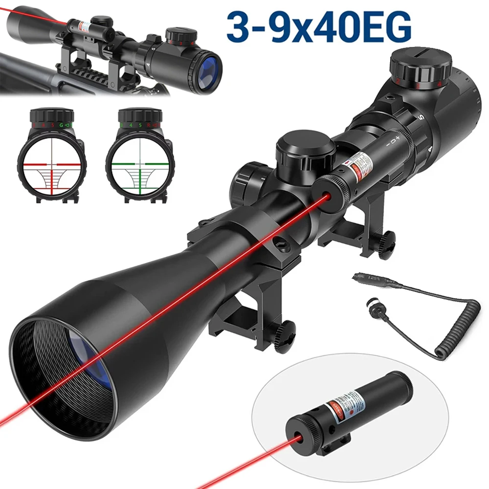 Mira telescópica para Rifle 3-9x40EG, mira láser roja combinada, mira telescópica óptica iluminada roja y verde, mira de retícula Mil-dot con soportes de 20/11mm