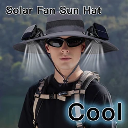 Sombrero para el sol con doble ventilador y energía Solar con ala ancha para pesca al aire libre, senderismo, montañismo, protección solar UPF, diadema ajustable