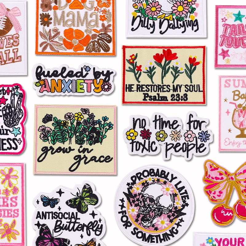 Parches bordados de flores y letras de dibujos animados para ropa, parches para planchar, parche con eslogan de letras de dibujos animados DIY, insignias bordadas para coser