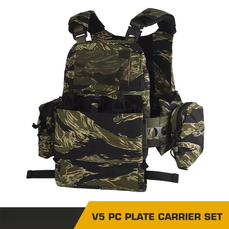 Juego de portador de placa de PC táctico V5, portador de placa de caza estilo Ferro, tigre con cintura elástica, bolsa Triple Mag, equipo Airsoft