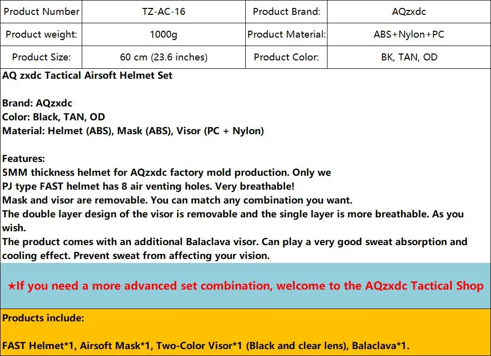 Una página de información del producto para un conjunto táctico de casco de airsoft