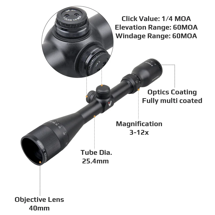 Victoptics-mira telescópica SFP 3-12X40, equipo Airsoft, campo de visión más amplio, adquisición de lunettes de caza, mira objetivo rápida - imagen 3