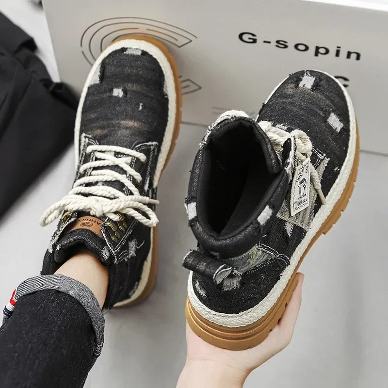 Botines de lona de mezclilla para hombre, botas clásicas de marca de lujo, zapatos casuales de alta calidad, botas de motocicleta al aire libre, primavera y otoño - imagen 2