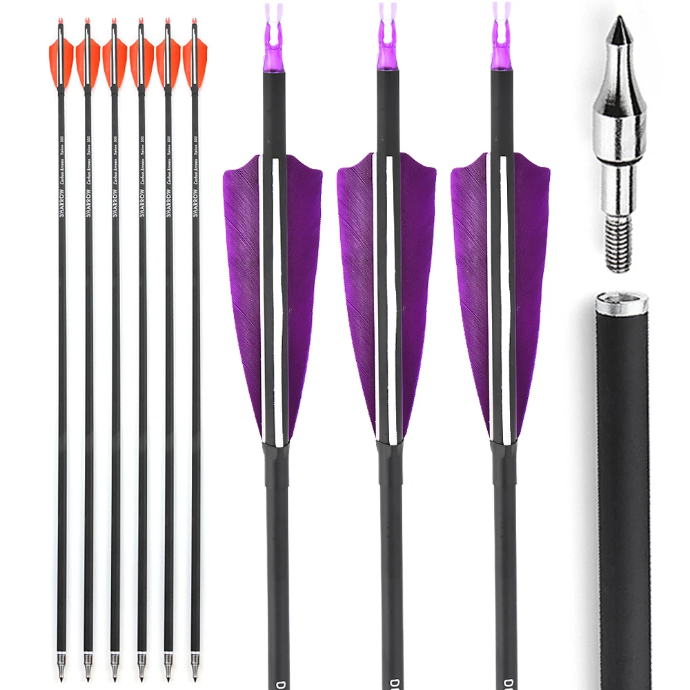 12 Uds columna vertebral de tiro con arco 500 flecha de carbono mezclado 31,6 "con plumas de pavo de 4" para arco recurvo compuesto accesorios de tiro de caza