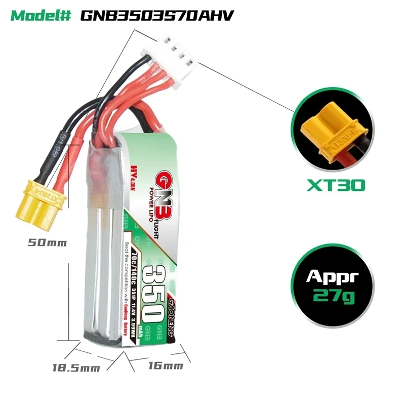 GAONENG-batería Lipo con enchufe XT30 para Drones, dispositivo de 5 piezas, GNB MAX 140C, 11,4 V, 350mah, para BETAFPV, Beta75X, 3S, Beta65X, 2S, 70C, 3S - imagen 3