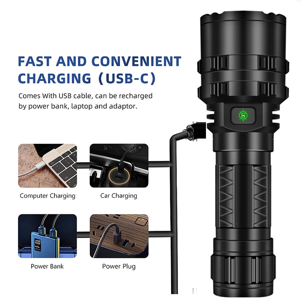 Linternas LED recargables para emergencias, linterna táctica superbrillante de 8000 lúmenes con zoom XHP50 - imagen 2