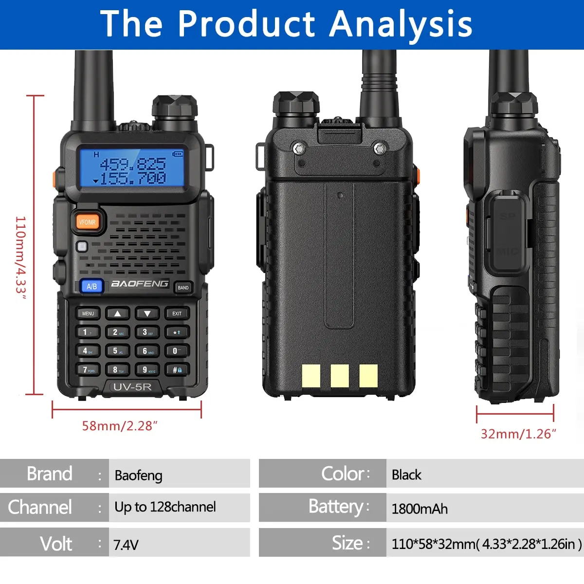 Baofeng UV 5R Walkie Talkie portátil Ham CB Radio de doble banda VHF UHF FM transceptor de dos vías de radio UV82 UV9R Plus - imagen 5