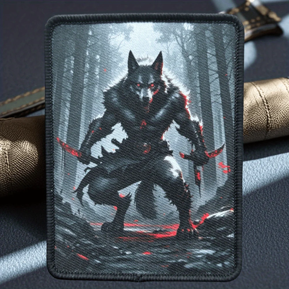 Emblema de gancho y bucle con estampado de lobo de doble filo, parche táctico de moral de lobo de sangría, insignia militar, brazalete de combate, pegatinas para mochila - imagen 3