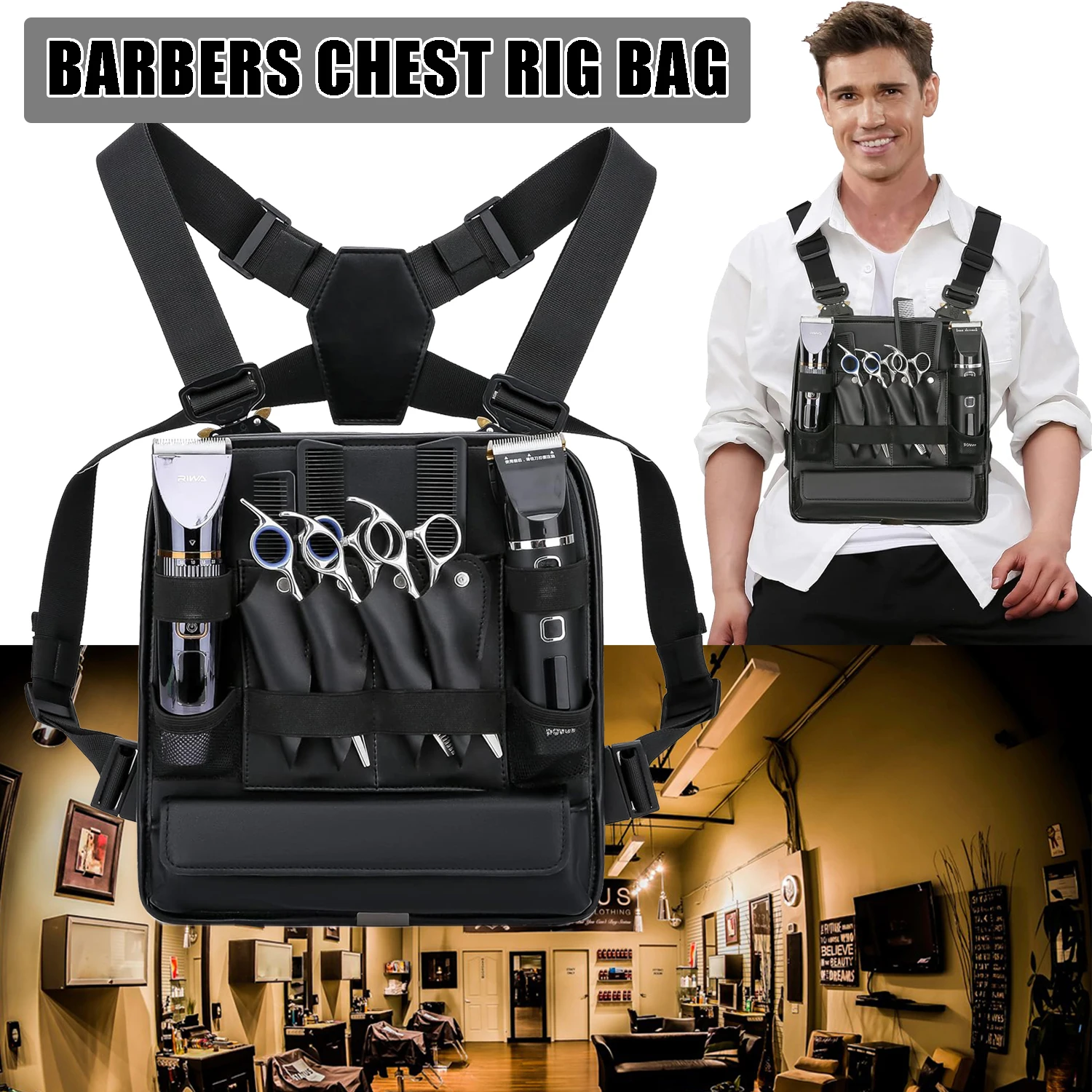 Bolsa de aparejo de pecho de cuero PU para peluqueros, cortaúñas y suministros, bolsa de tijera de peluquería profesional, organizador de suministros de peluquero