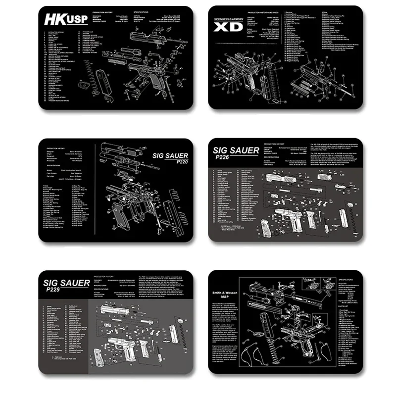 Estera de limpieza de pistola táctica, punidor de goma SIG SAUER P250 AR 15 AK 47 Front Glock 17 19 con piezas, instrucciones de diagrama, alfombrilla para ratón - imagen 4