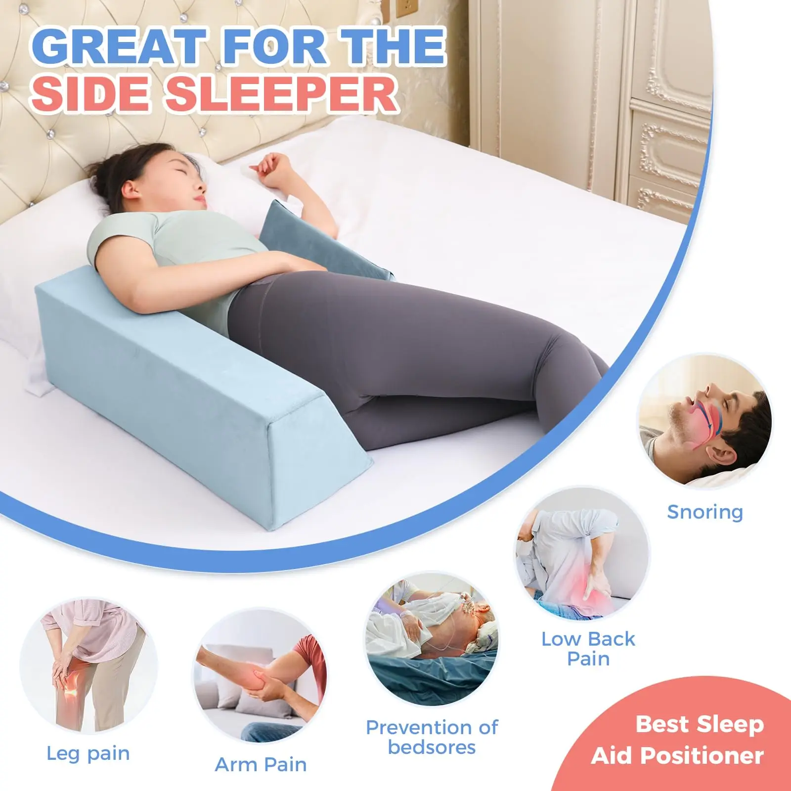 Almohada de cuña de posicionamiento lateral para dormir con cinturón, ancho de límite ajustable, cuñas de cama, posicionadores corporales para Apnea del sueño, soporte para la espalda - imagen 5